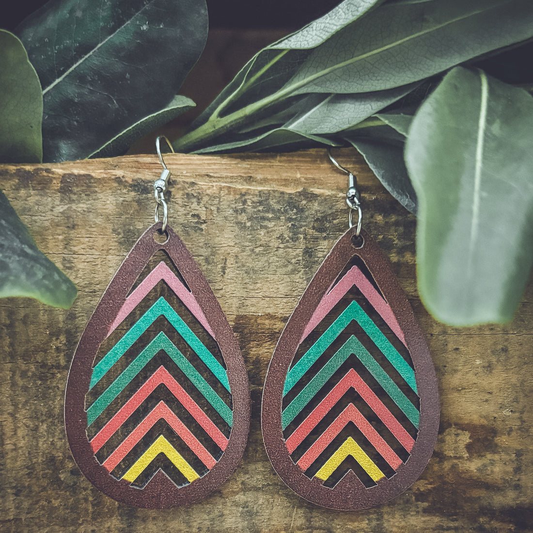Laser-Cut Rainbow Mountain Silhouette Wood Earrings