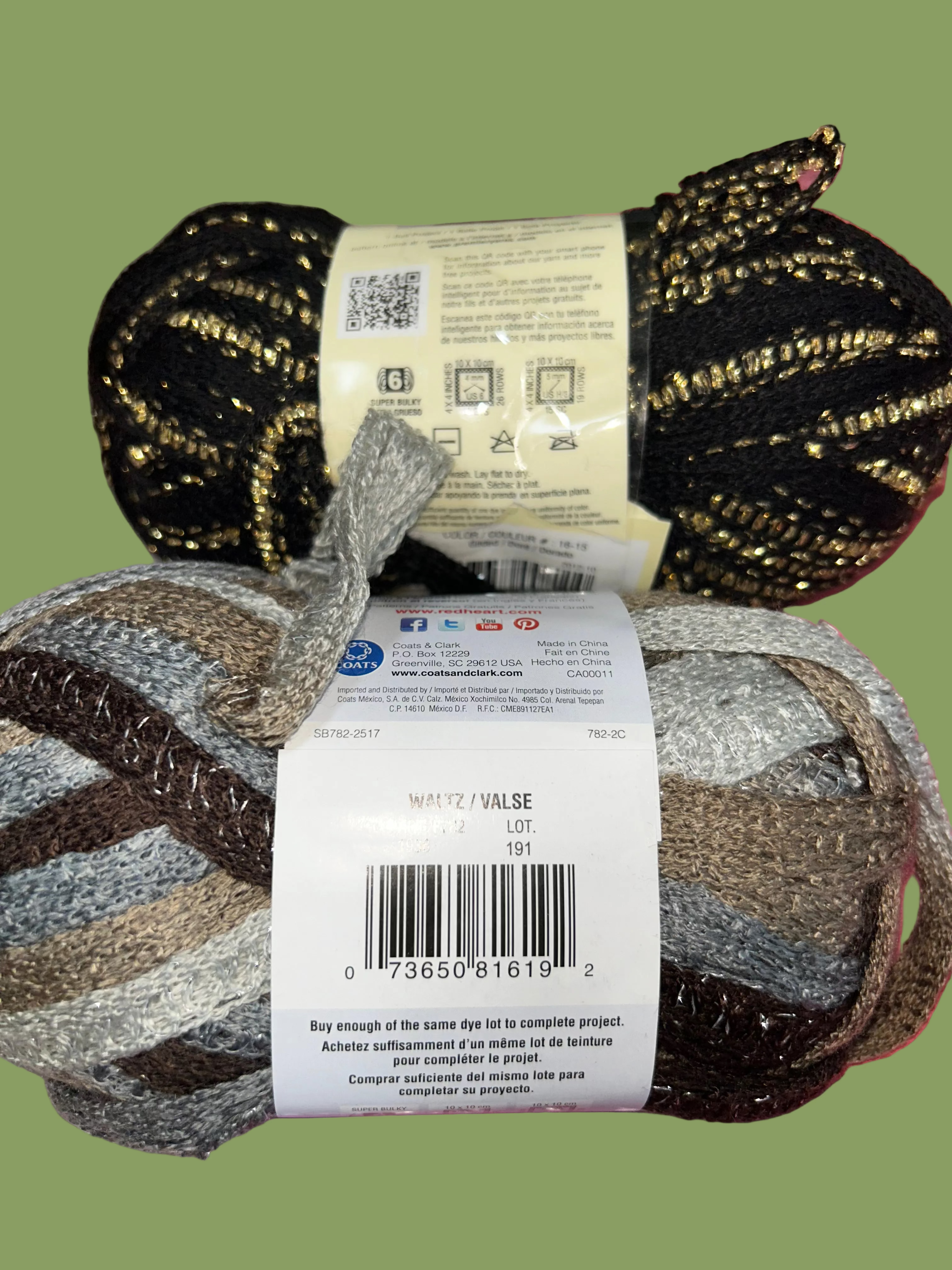 2 Skeins Knitting Yarn in Black, Tan & White