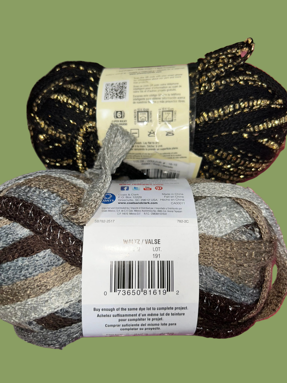 2 Skeins Knitting Yarn in Black, Tan & White