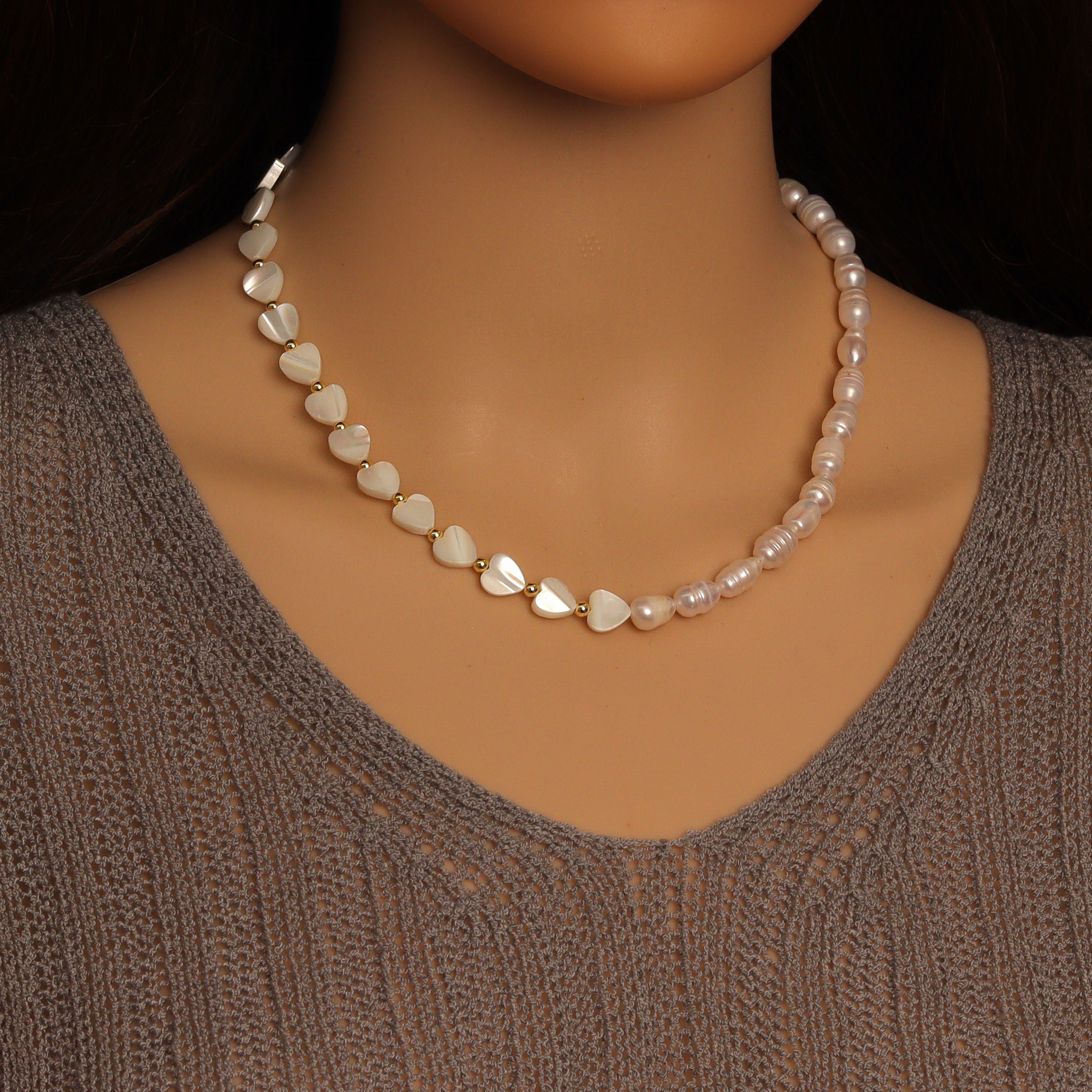 Freshwater Pearl with Mother of Pearl Heart necklace Bracelet, sku#EF677