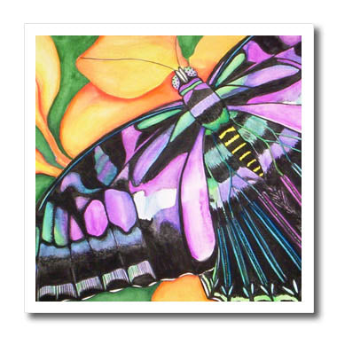 3dRose Purple, Black and Blue Butterfly on Orange Flower - Iron on Heat Transfers (ht-369869)