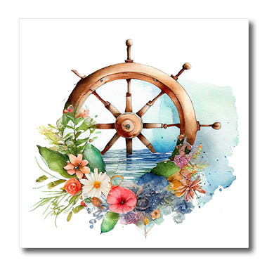 3dRose Image of Watercolor Sailing Ship Wheel in Water with... - Iron on Heat Transfers (ht-381434)