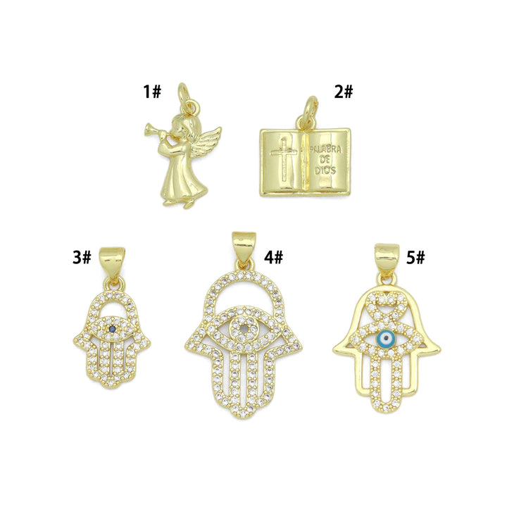 Bible Angel Gold Evil Eye On Hamsa Hand Charm Pendant, Sku#LK1305
