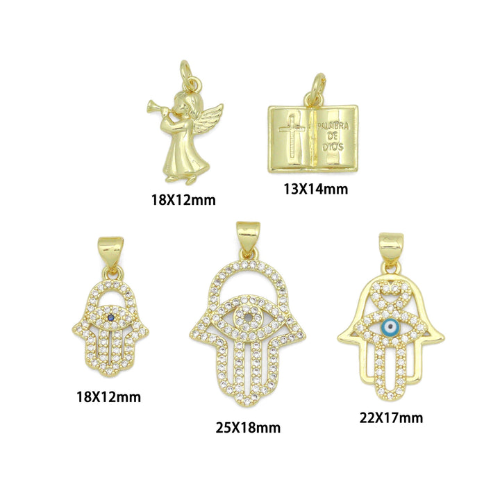 Bible Angel Gold Evil Eye On Hamsa Hand Charm Pendant, Sku#LK1305