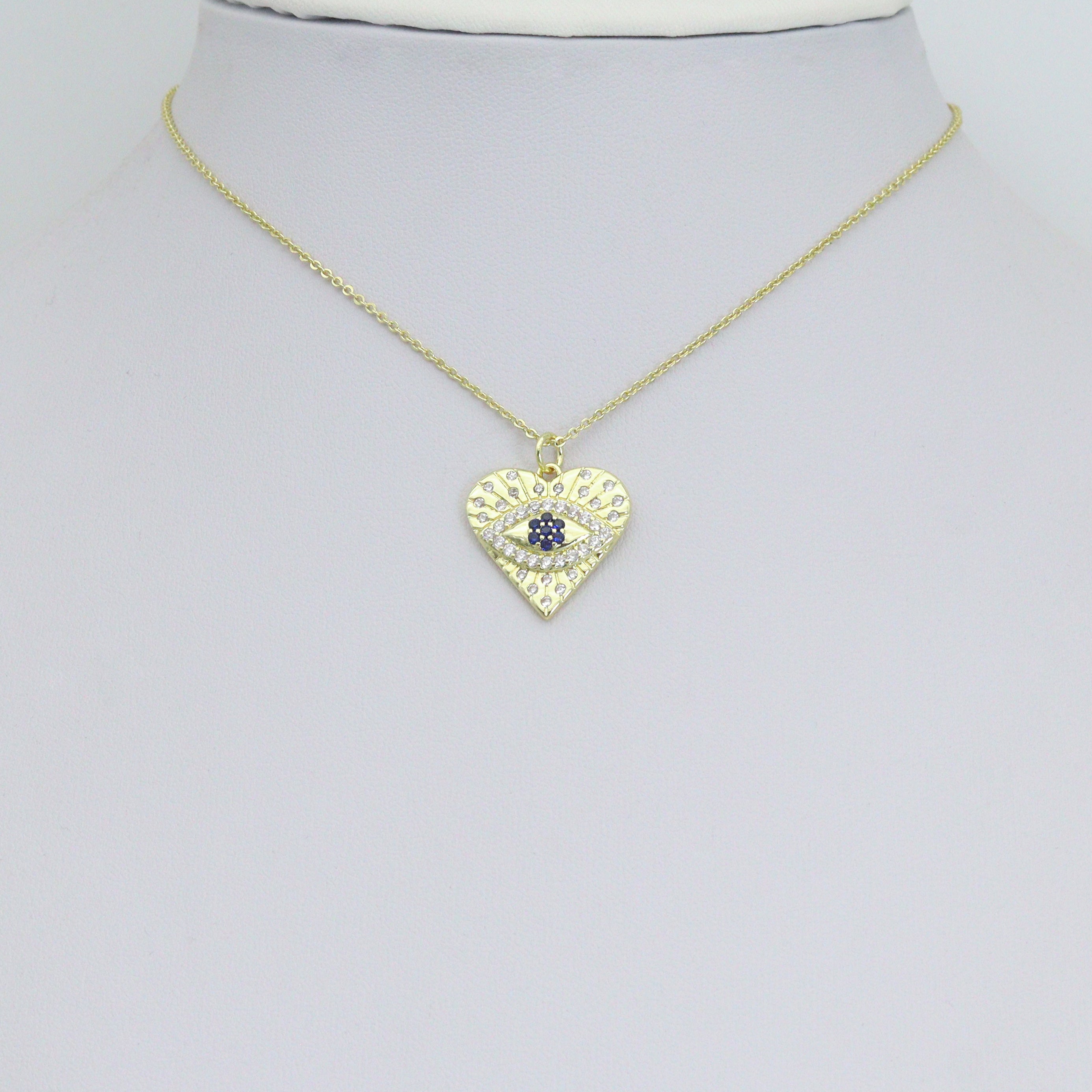 Blue Cubic Zirconia Evil Eye Heart Charm Pendant