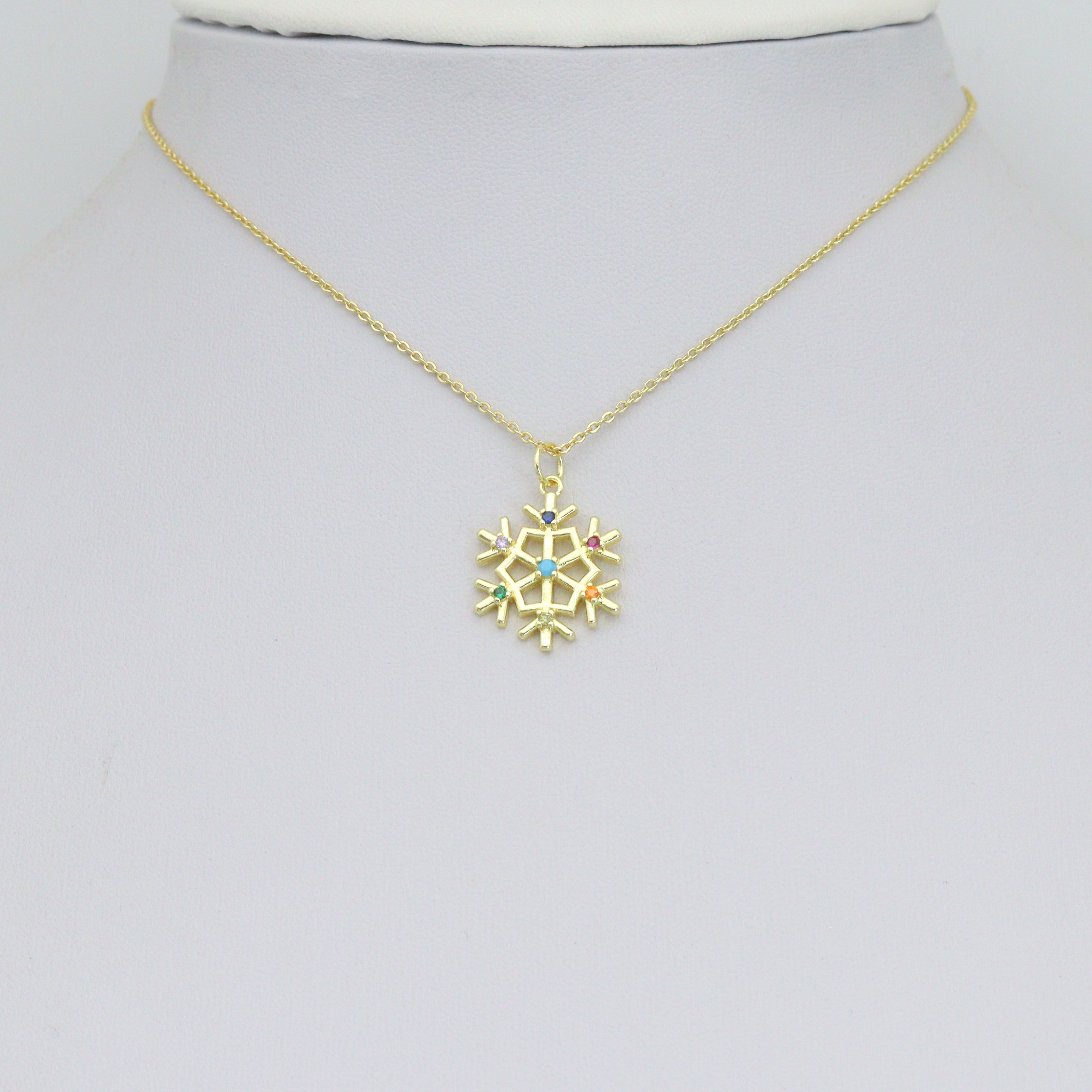 Colorful CZ Gold Silver Snowflake Charm Pendant, Sku#LX971