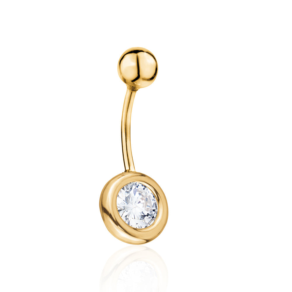 Belly Ring 14k Yellow Gold Navel Ring Belly Button Ring Bezel Set Simulated Diamond Body Piercing 16 Gauge