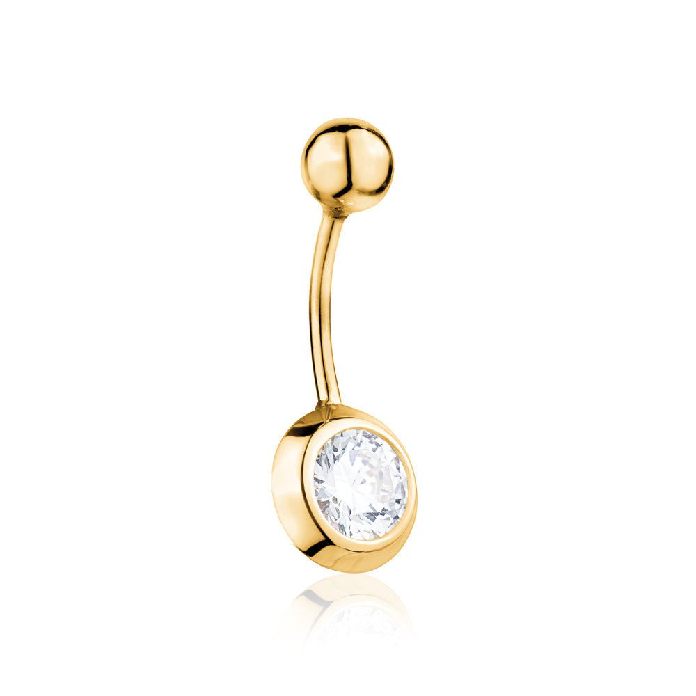 Belly Ring 14k Yellow Gold Navel Ring Belly Button Ring Bezel Set Simulated Diamond Body Piercing 16 Gauge