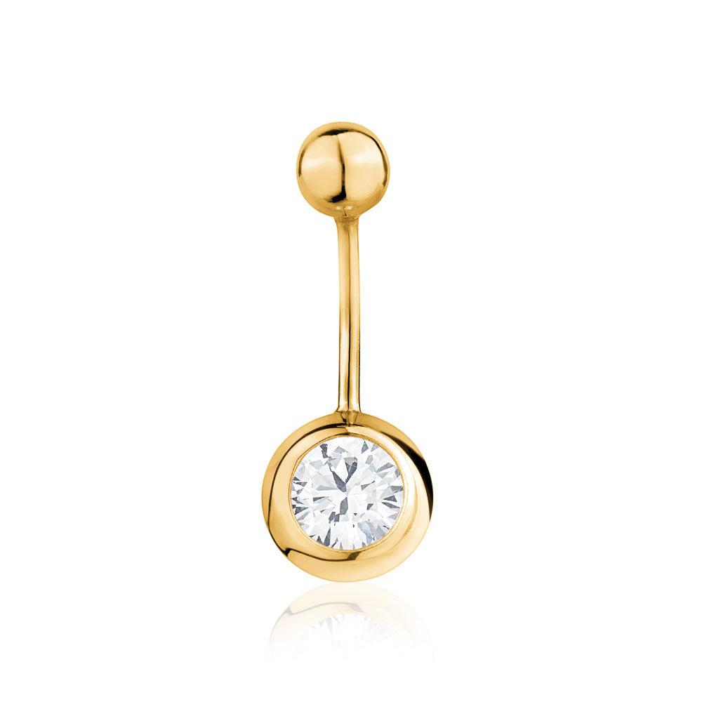 Belly Ring 14k Yellow Gold Navel Ring Belly Button Ring Bezel Set Simulated Diamond Body Piercing 16 Gauge