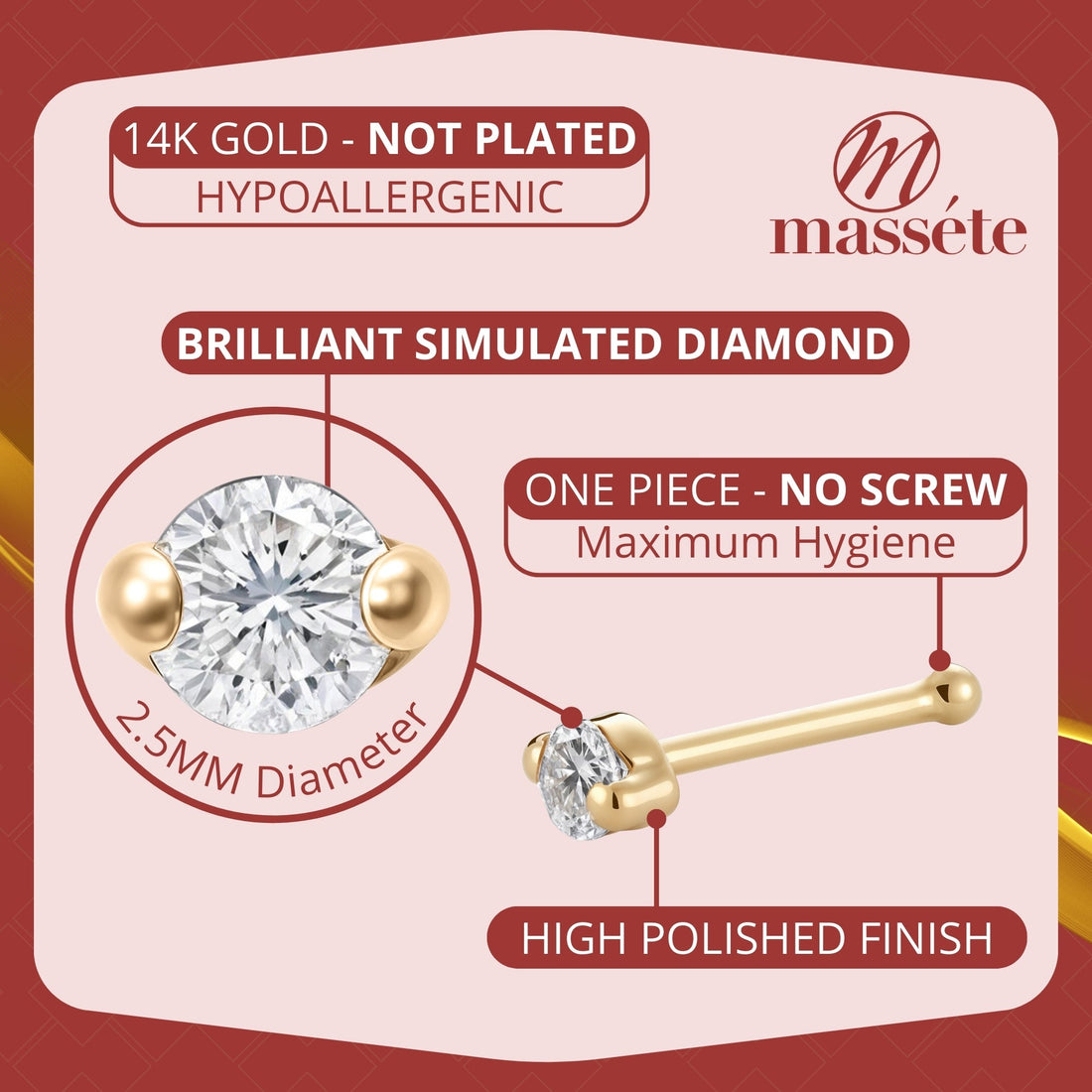 14k Yellow Gold Nose Stud - Simulated Diamond 2 Prong Set CZ 20g Nose Ring - Hypoallergenic Threadless Body Piercing Jewelry