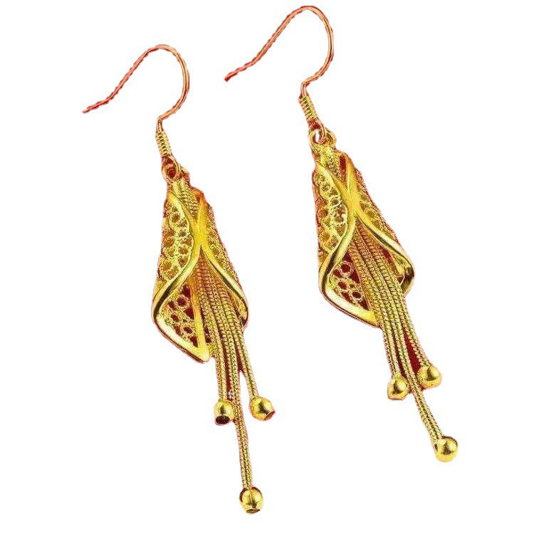 Women's Gold Tassel Brass Plated Ear Hook Hollowed Fashion Earrings