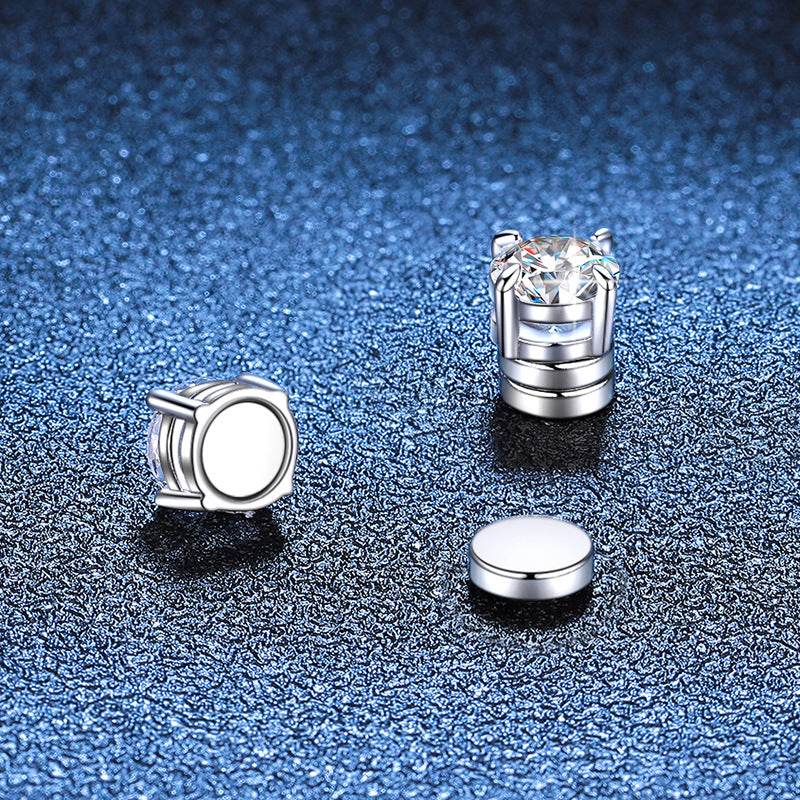 S925 Magnetic Moissanite / CZ Stud Earrings for Men Women, Inlaid Magnetic Earrings Non-Piercing Clip On Stud Earring