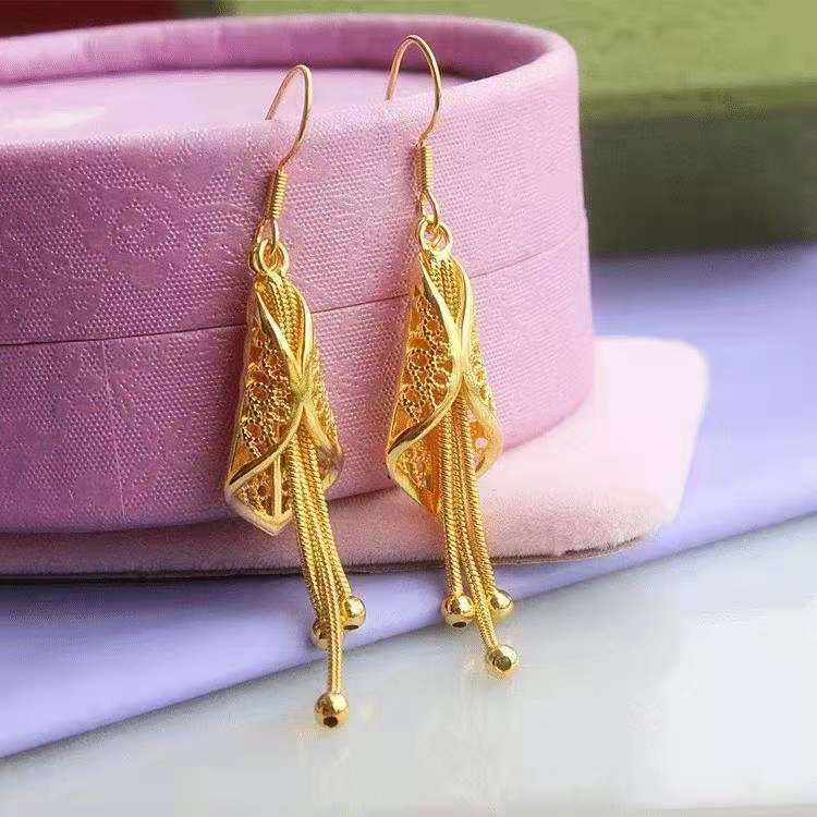 Women's Gold Tassel Brass Plated Ear Hook Hollowed Fashion Earrings