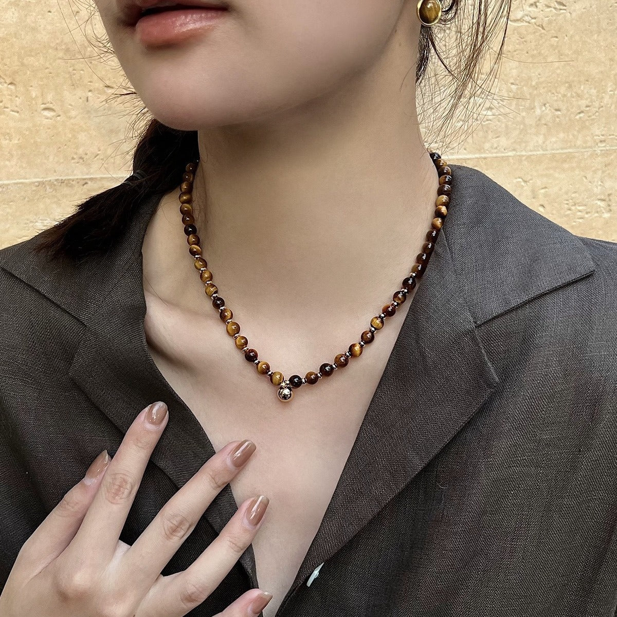 Women's Brown Natural Tigereye Beaded Accessories Necklaces