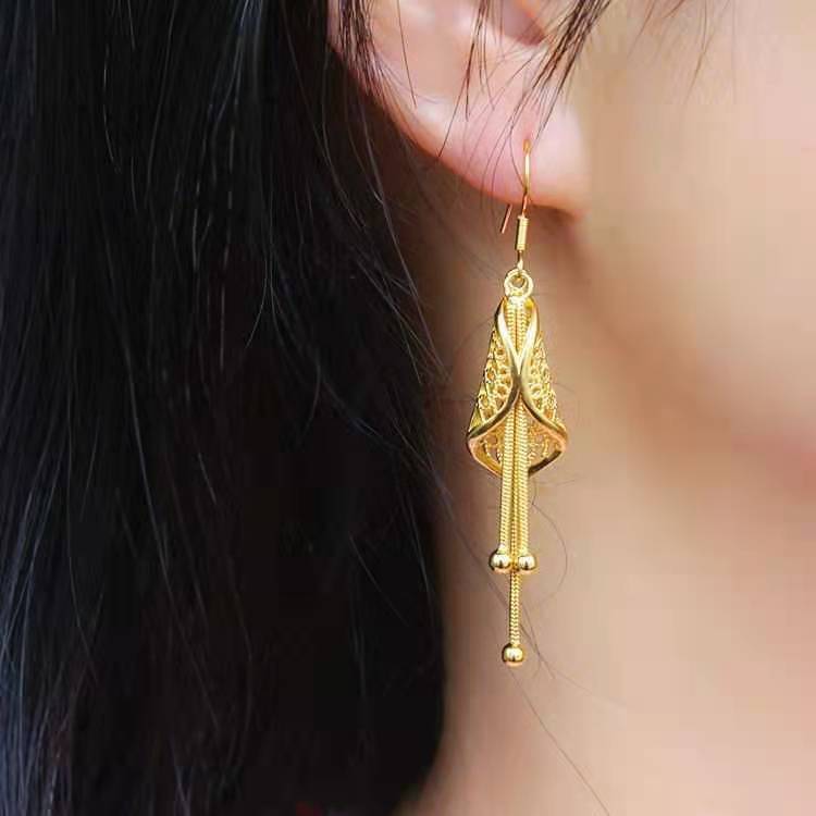 Women's Gold Tassel Brass Plated Ear Hook Hollowed Fashion Earrings