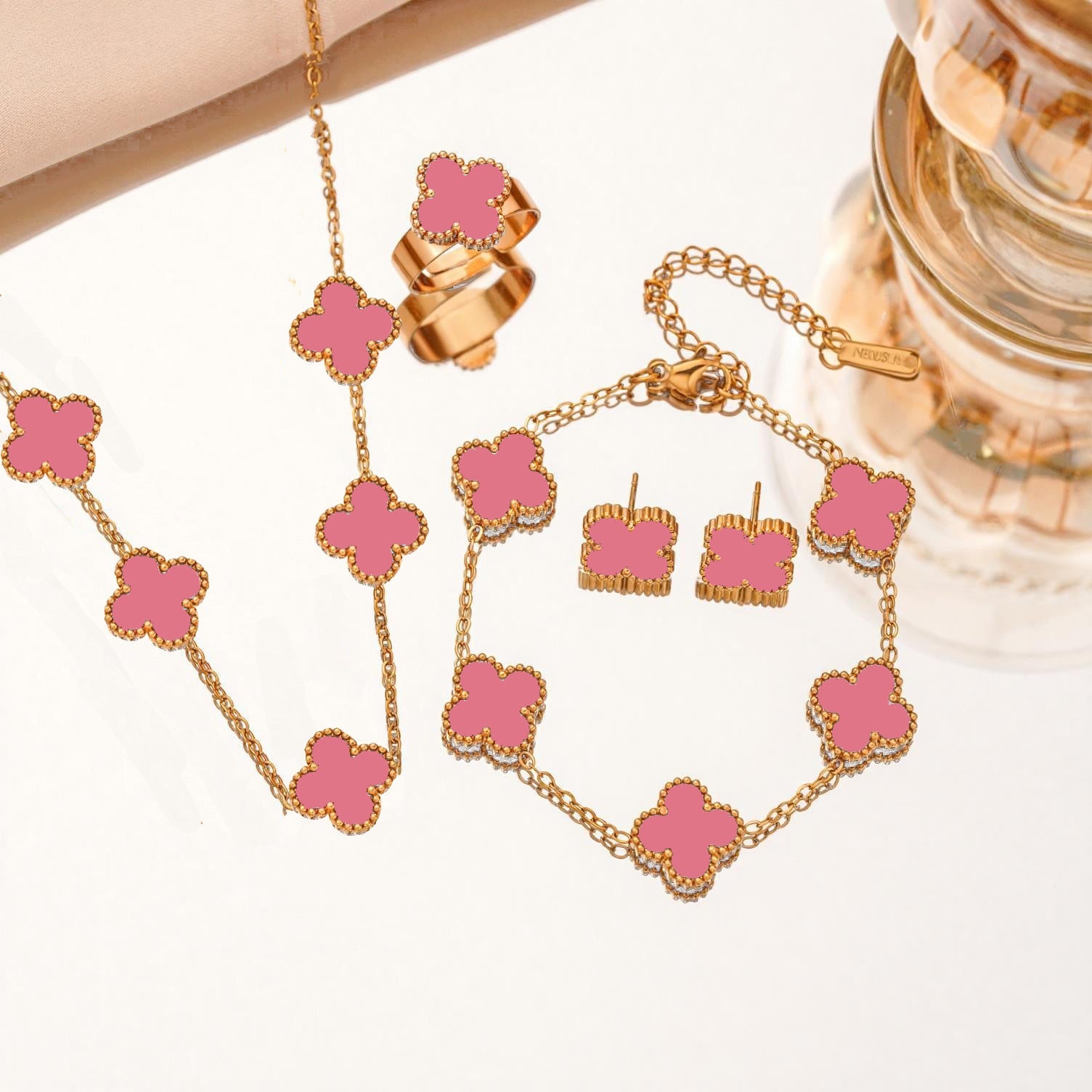 Titanium Four-Leaf Flower Jewelry Set