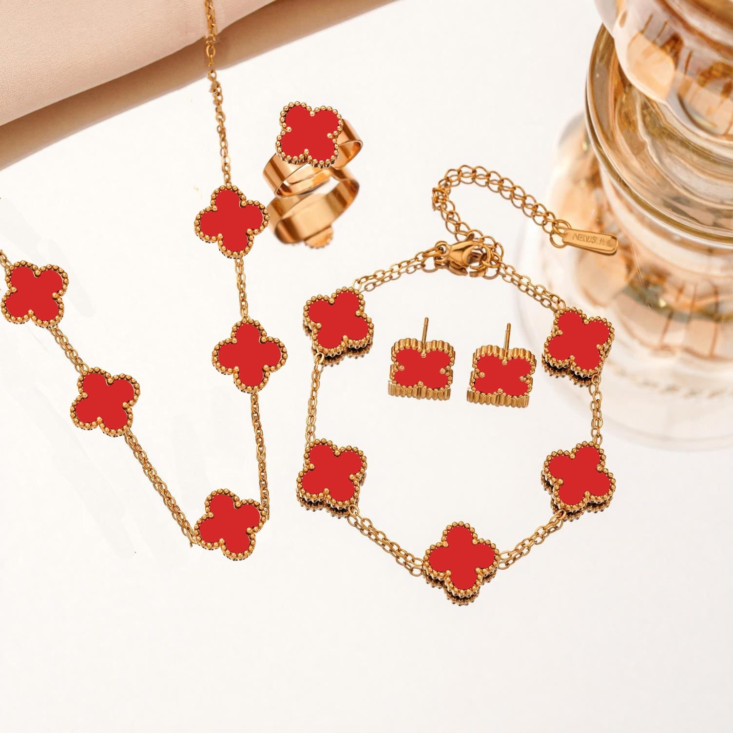 Titanium Four-Leaf Flower Jewelry Set