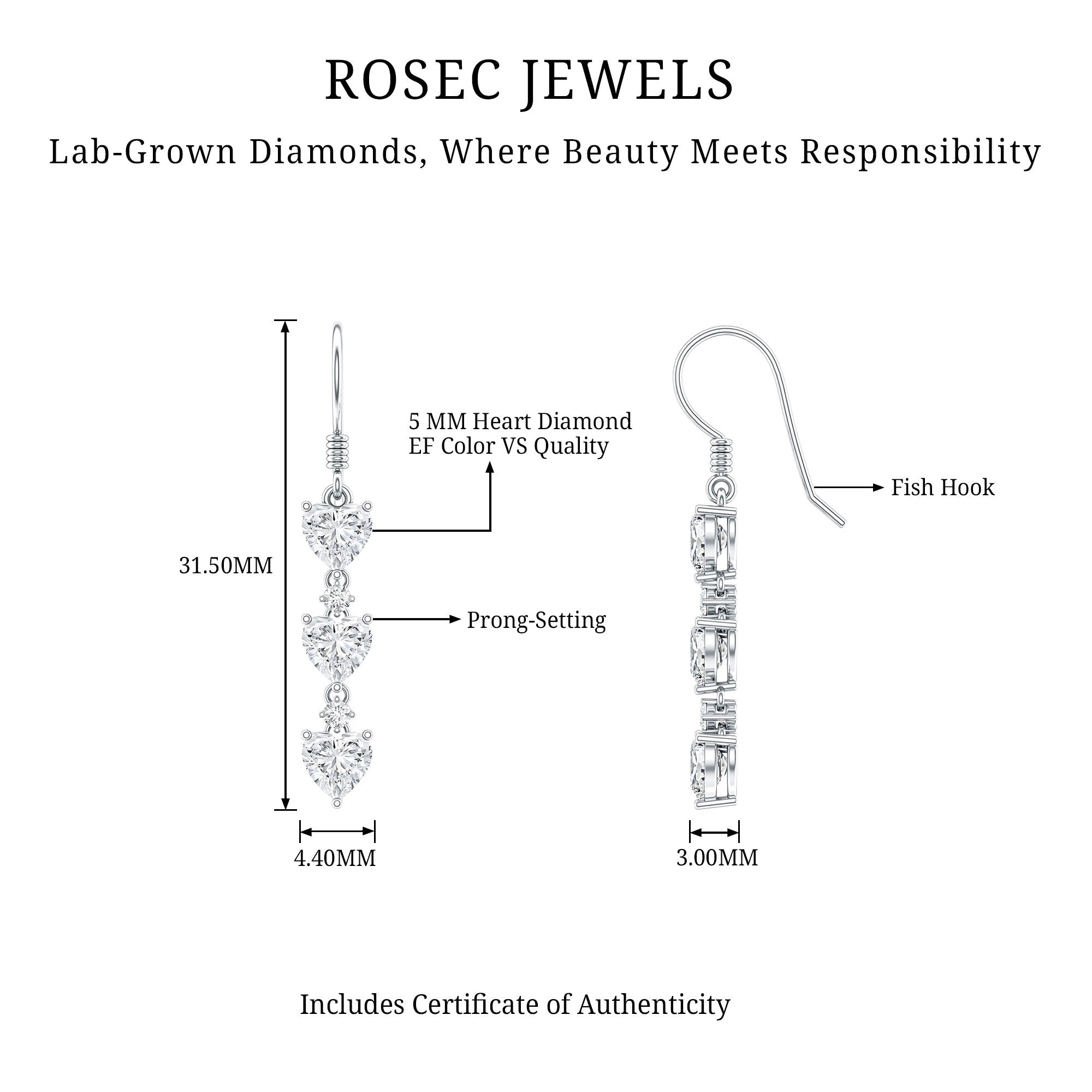 Certified Lab Heart Shaped Diamond Fish Hook Dangle Earrings