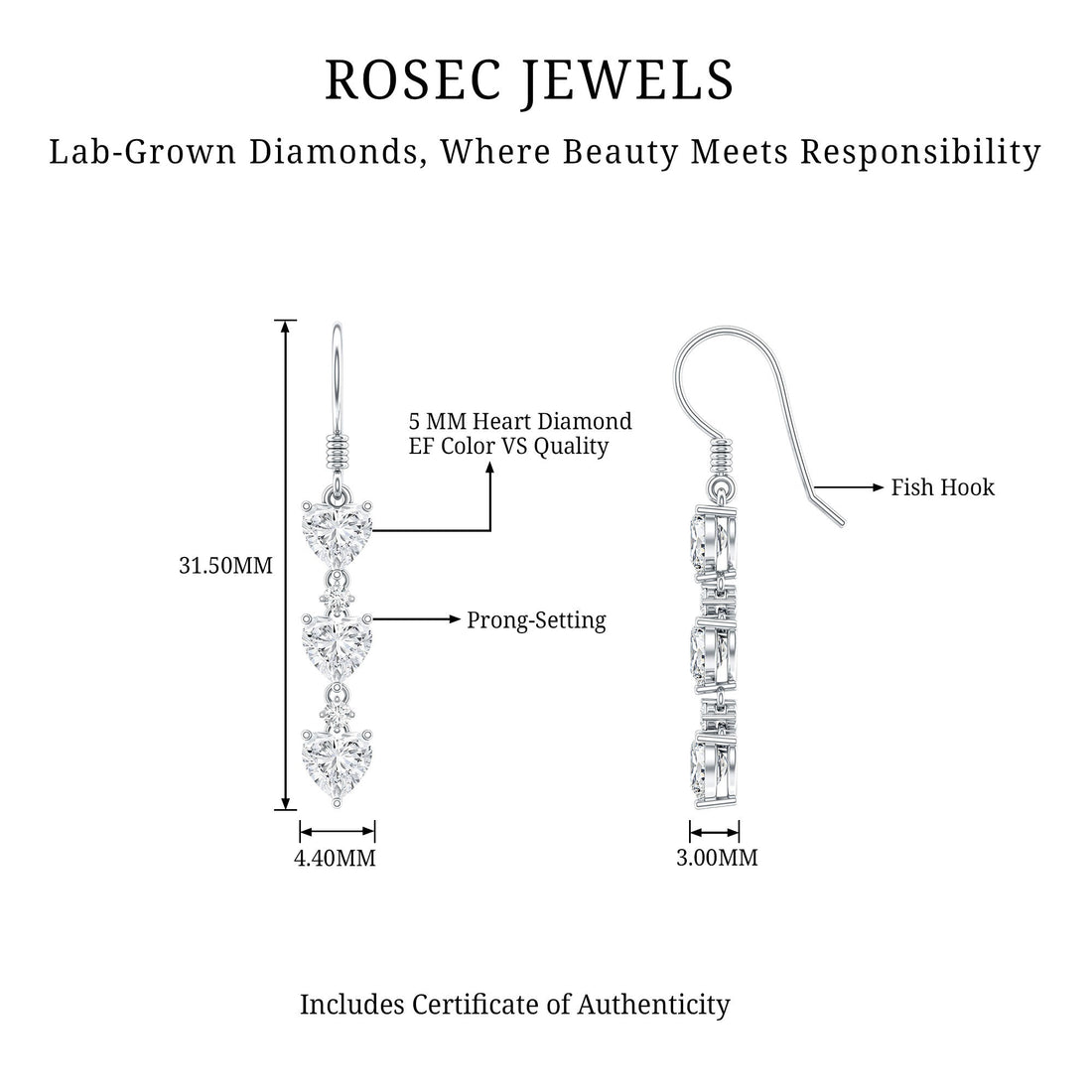 Certified Lab Heart Shaped Diamond Fish Hook Dangle Earrings