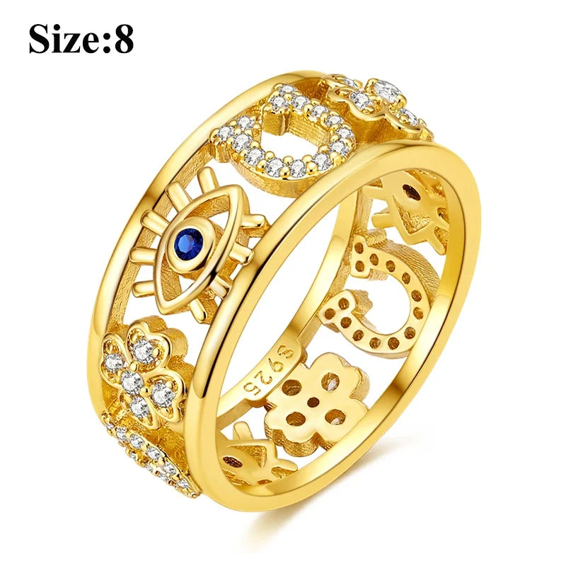 MULA Wedding Band Rings for Women Man 925 Sterling Silver Evil Eye Hand Celtic Knot Four-Leaf Clover Ring Stackable Jewelry Gift