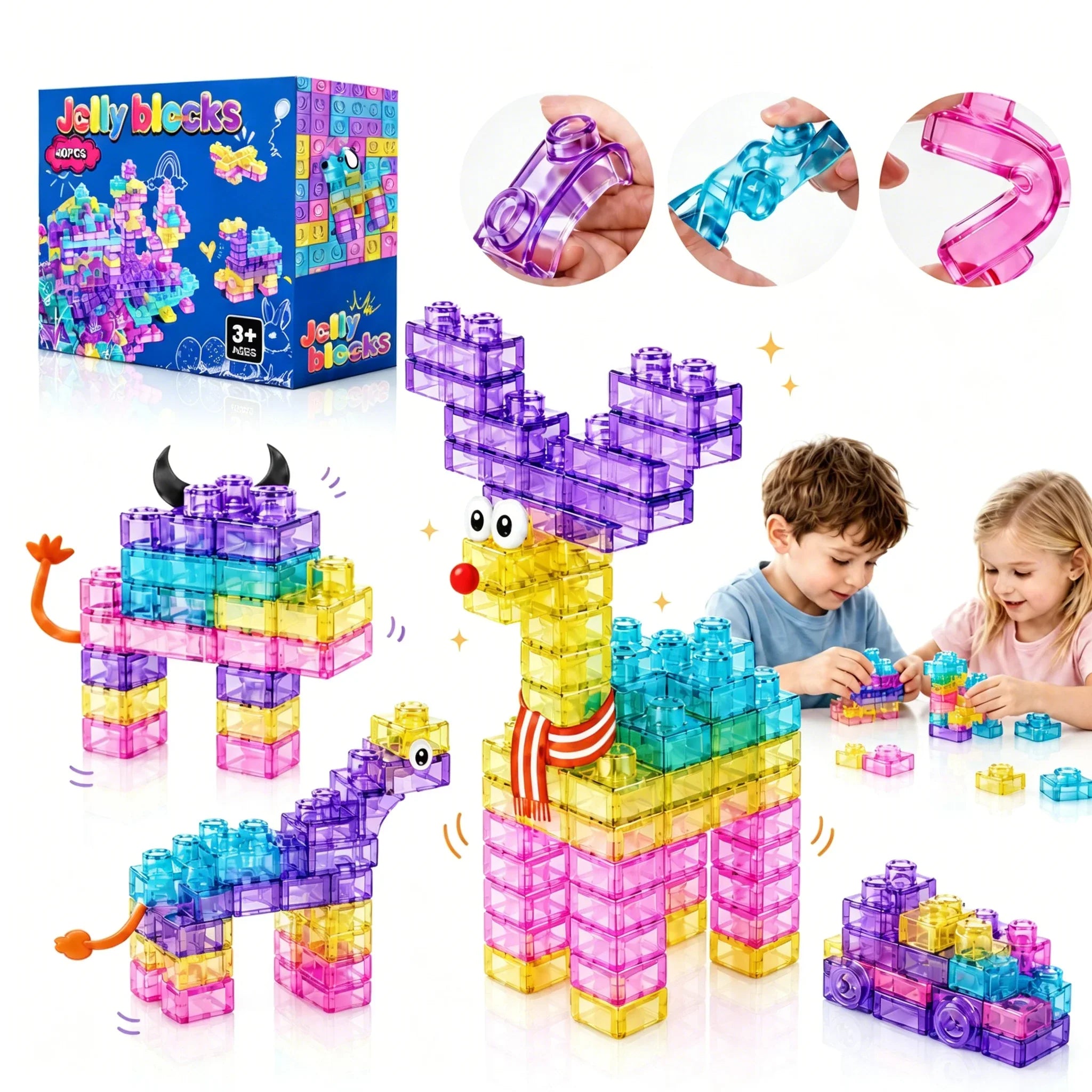 Hotfree 40 PCS Sensory Soft Building Blocks for Toddlers, Kids Montessori Squishy Jelly Blocks Stacking Toy Set, Squeezable & Stretchable Early Learning Construction Playset, Puzzle Blocks for Creative Play, Birthday Christma