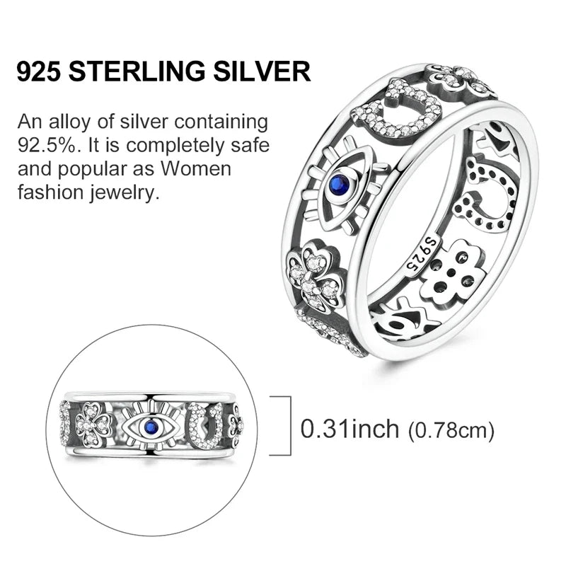 MULA Wedding Band Rings for Women Man 925 Sterling Silver Evil Eye Hand Celtic Knot Four-Leaf Clover Ring Stackable Jewelry Gift