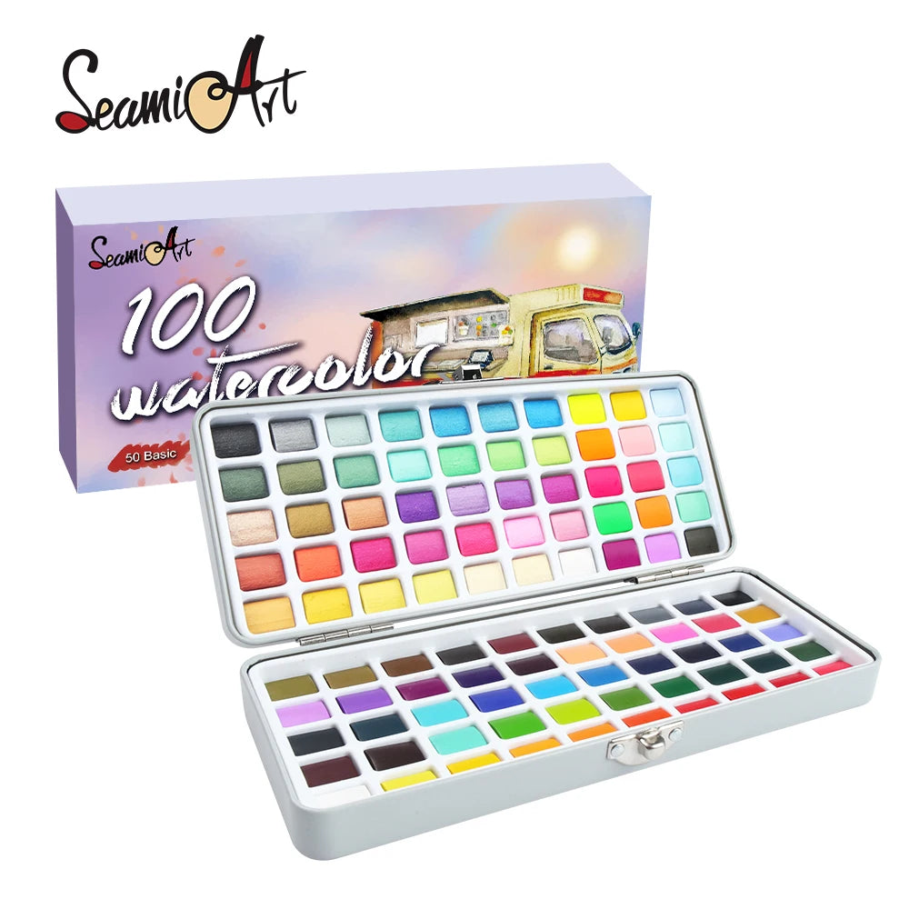 Seamiart Solid Watercolor Paint Set with Glitter Neon Art Colors