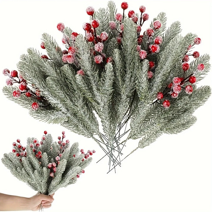Snow White Artificial Pine Needle Berry Bouquet Christmas Decoration for Xmas Tree Garland Ornament Home Decor New Year DIY Gift
