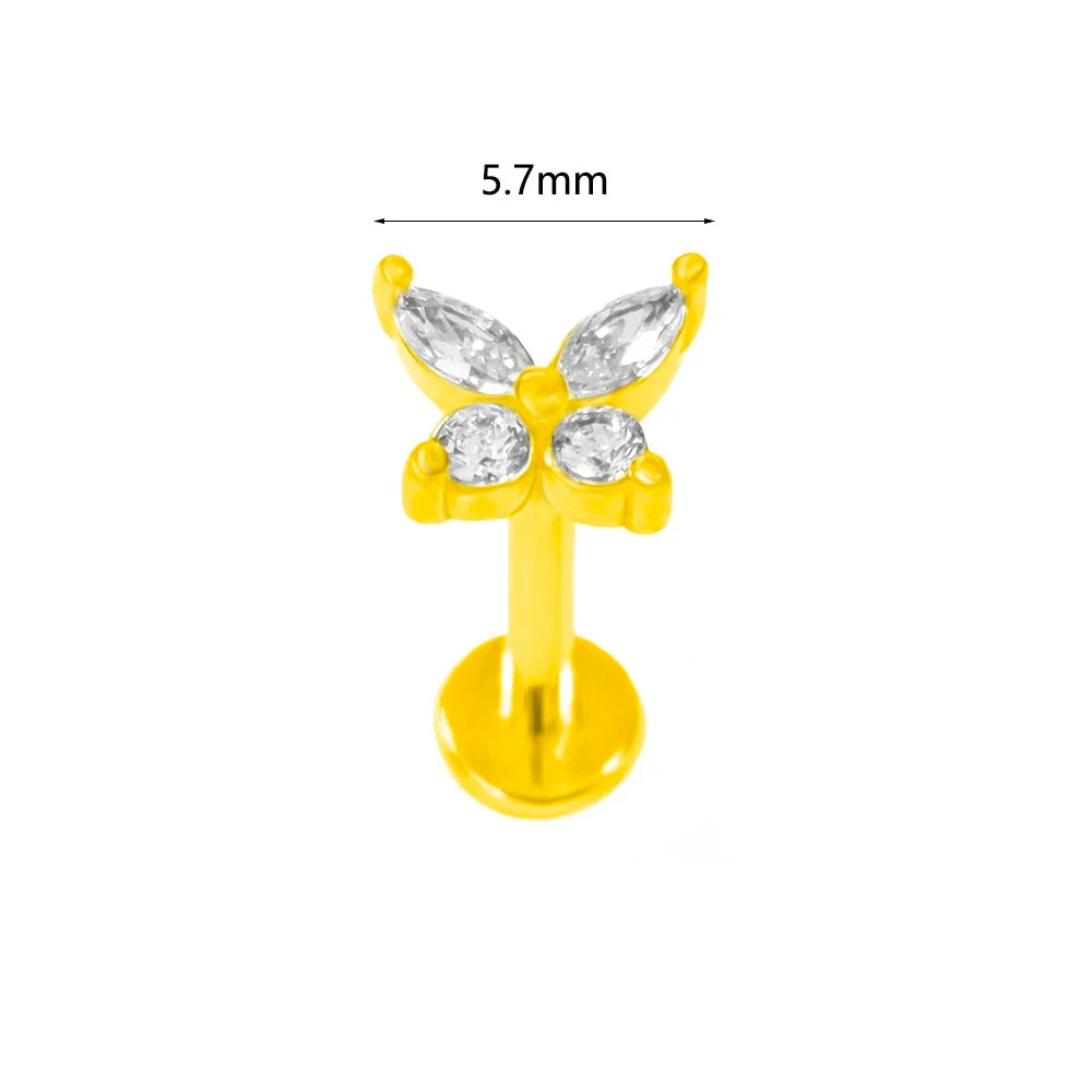 100% 316L Surgical Steel Flower Labret Piercing Butterfly Bee Tragus Snake Cartilage Helix Flat Back CZ Earrings Body Jewelry