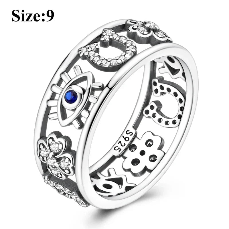 MULA Wedding Band Rings for Women Man 925 Sterling Silver Evil Eye Hand Celtic Knot Four-Leaf Clover Ring Stackable Jewelry Gift