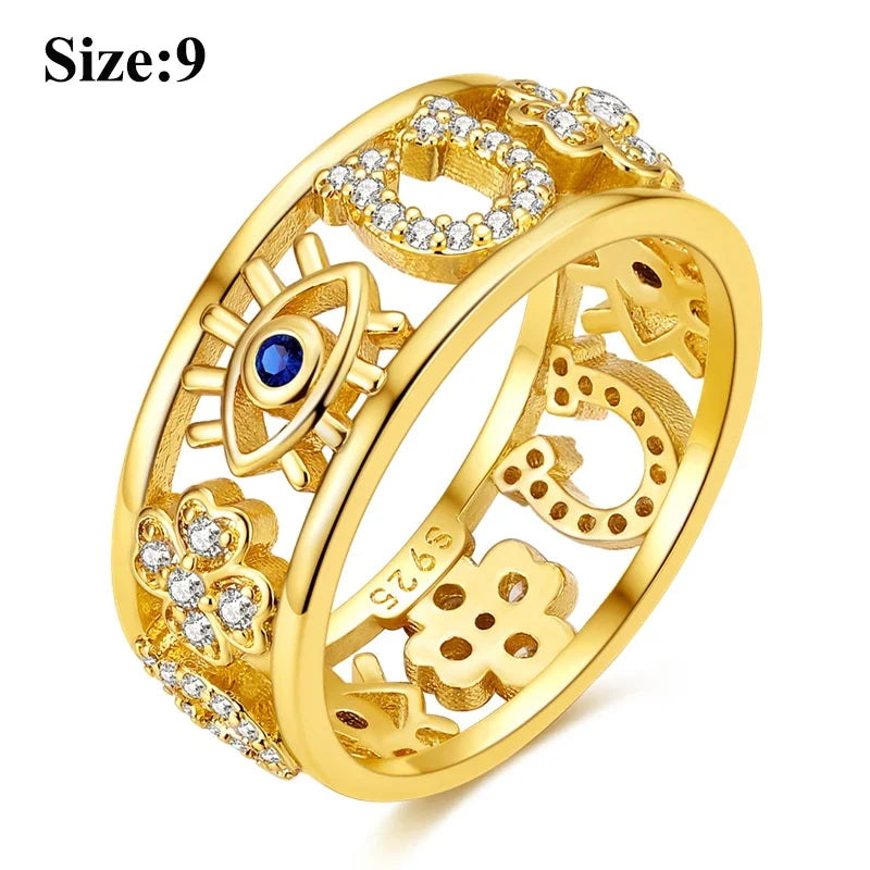 MULA Wedding Band Rings for Women Man 925 Sterling Silver Evil Eye Hand Celtic Knot Four-Leaf Clover Ring Stackable Jewelry Gift
