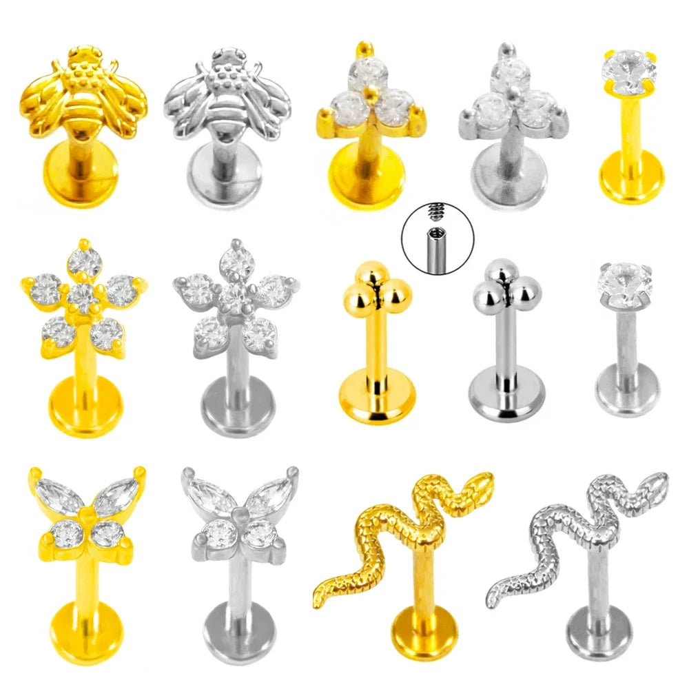 100% 316L Surgical Steel Flower Labret Piercing Butterfly Bee Tragus Snake Cartilage Helix Flat Back CZ Earrings Body Jewelry