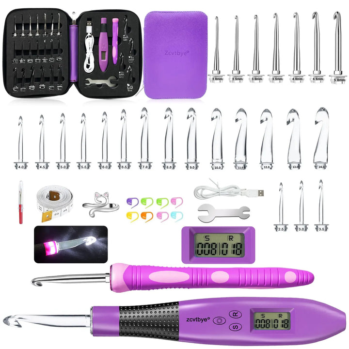 LED Crochet Hook Set with Ergonomic Needles and Sewing Tools