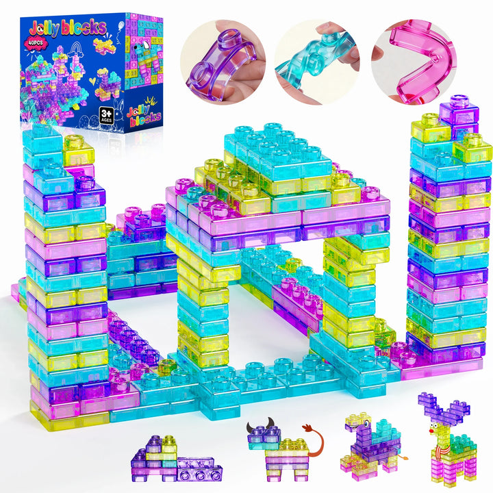Hotfree 40 PCS Sensory Soft Building Blocks for Toddlers, Kids Montessori Squishy Jelly Blocks Stacking Toy Set, Squeezable & Stretchable Early Learning Construction Playset, Puzzle Blocks for Creative Play, Birthday Christma