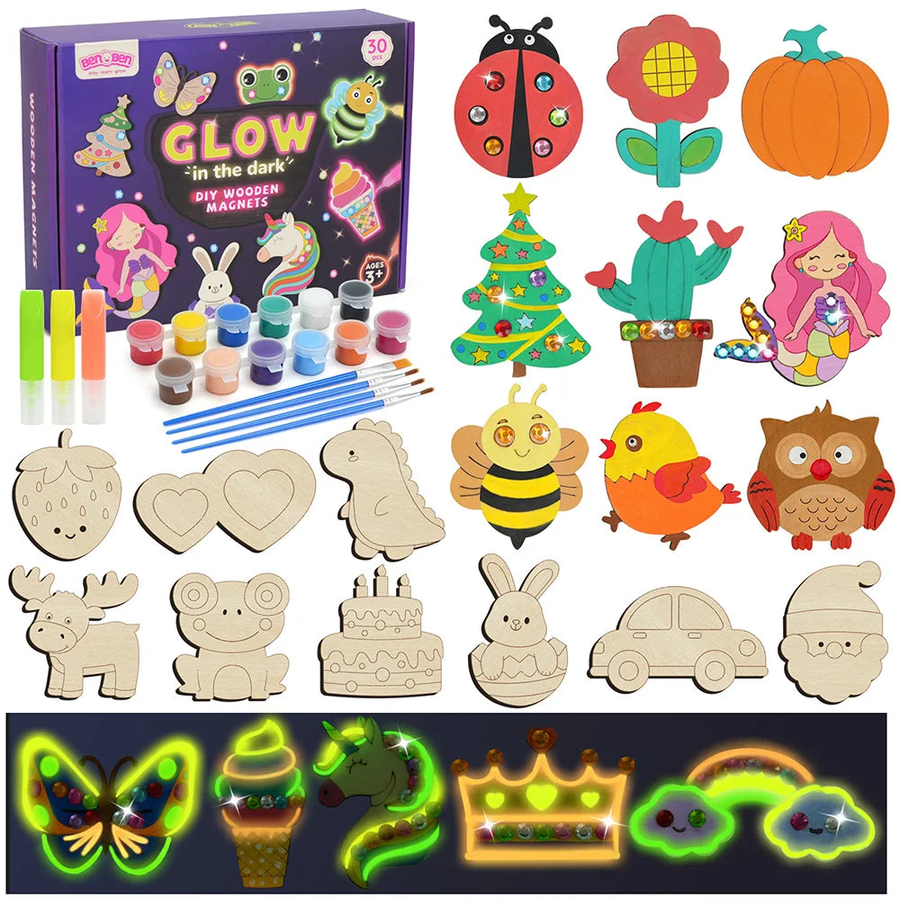 Glow Dark Wooden Magnet Painting Craft Kit for Kids DIY Fun