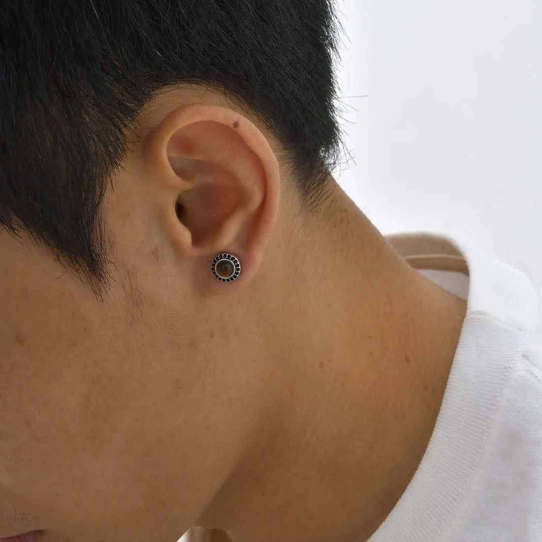 Men's Tiger Eye Stone Stud Earrings | Natural Gemstone Punk Earrings for Men