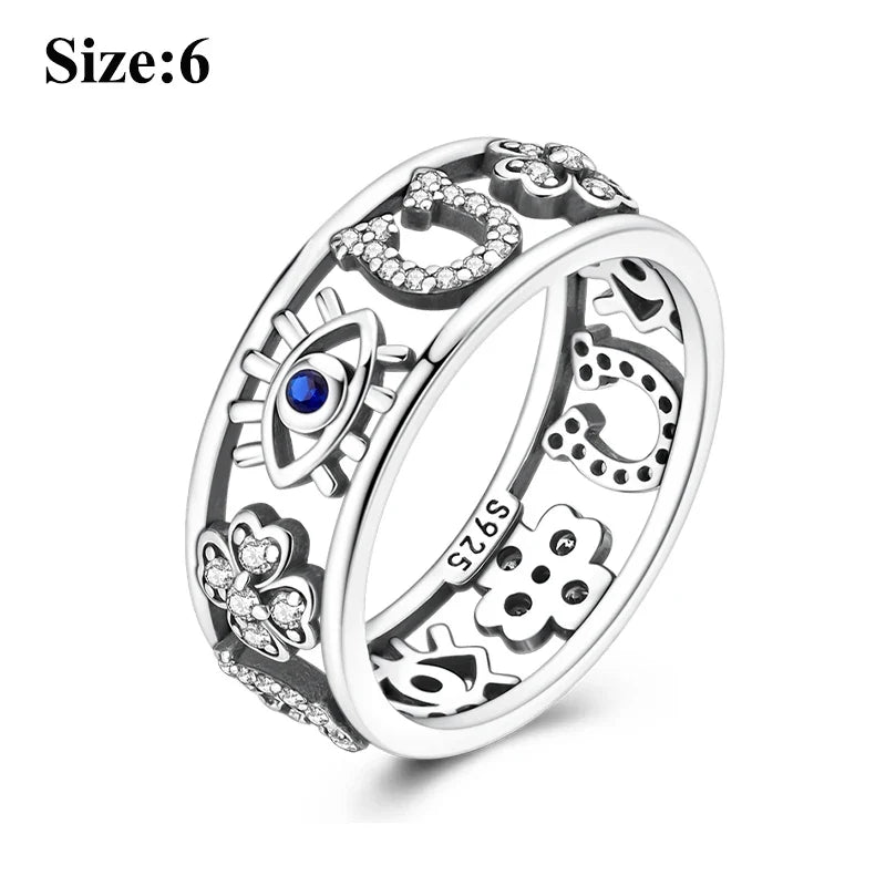 MULA Wedding Band Rings for Women Man 925 Sterling Silver Evil Eye Hand Celtic Knot Four-Leaf Clover Ring Stackable Jewelry Gift