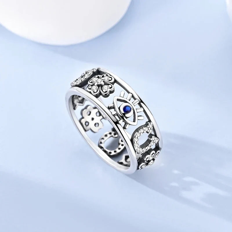 MULA Wedding Band Rings for Women Man 925 Sterling Silver Evil Eye Hand Celtic Knot Four-Leaf Clover Ring Stackable Jewelry Gift