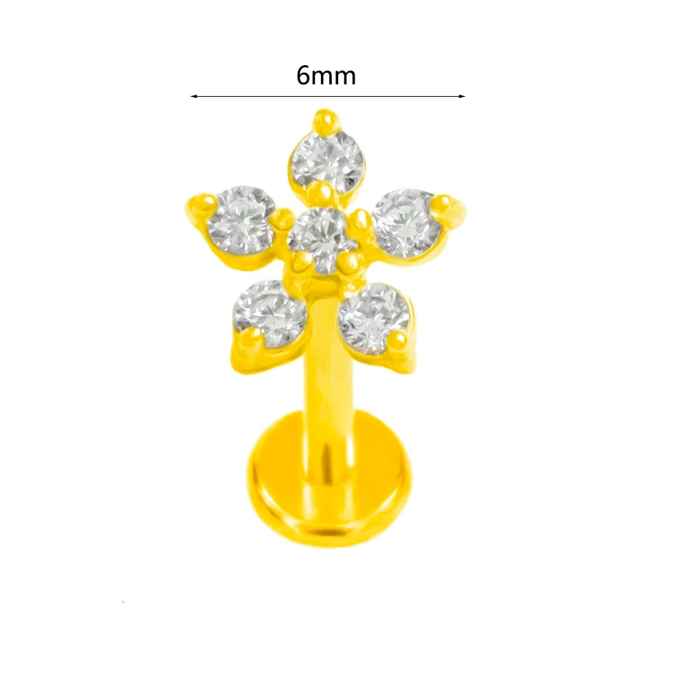 100% 316L Surgical Steel Flower Labret Piercing Butterfly Bee Tragus Snake Cartilage Helix Flat Back CZ Earrings Body Jewelry