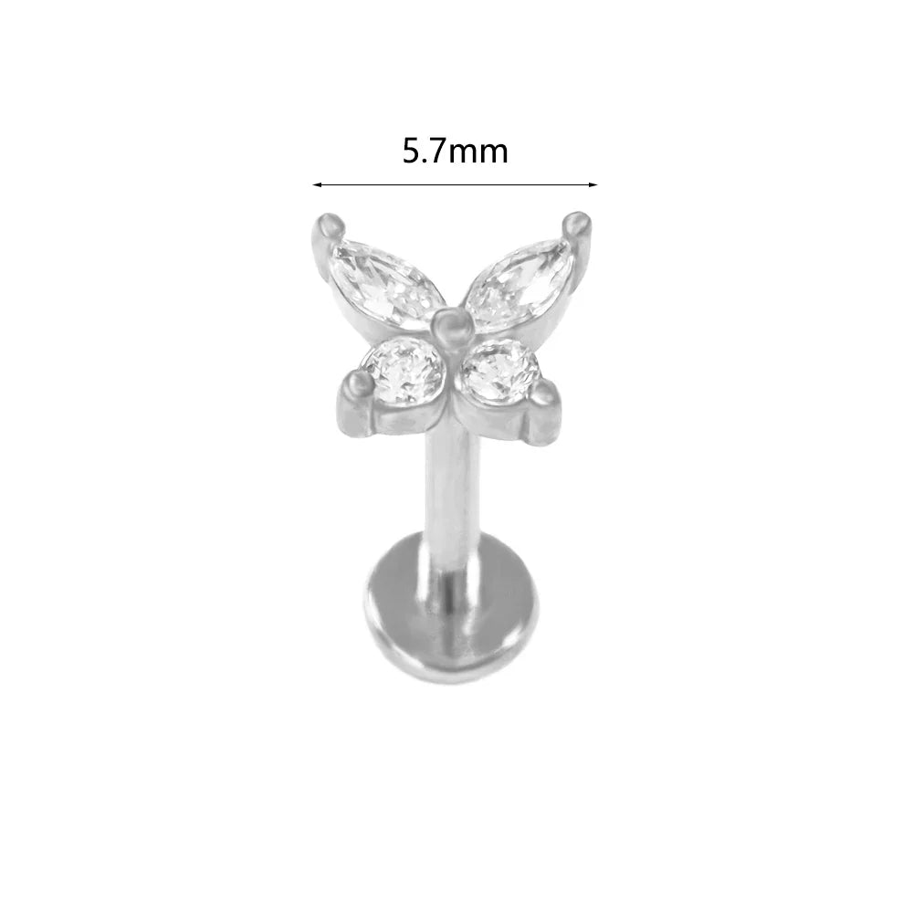 100% 316L Surgical Steel Flower Labret Piercing Butterfly Bee Tragus Snake Cartilage Helix Flat Back CZ Earrings Body Jewelry