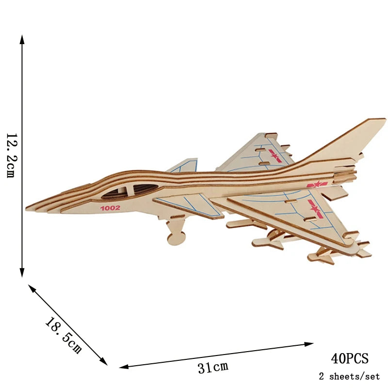 DIY Wooden Fighter Airplane 3D Puzzle Assembly Craft Kit for Kids