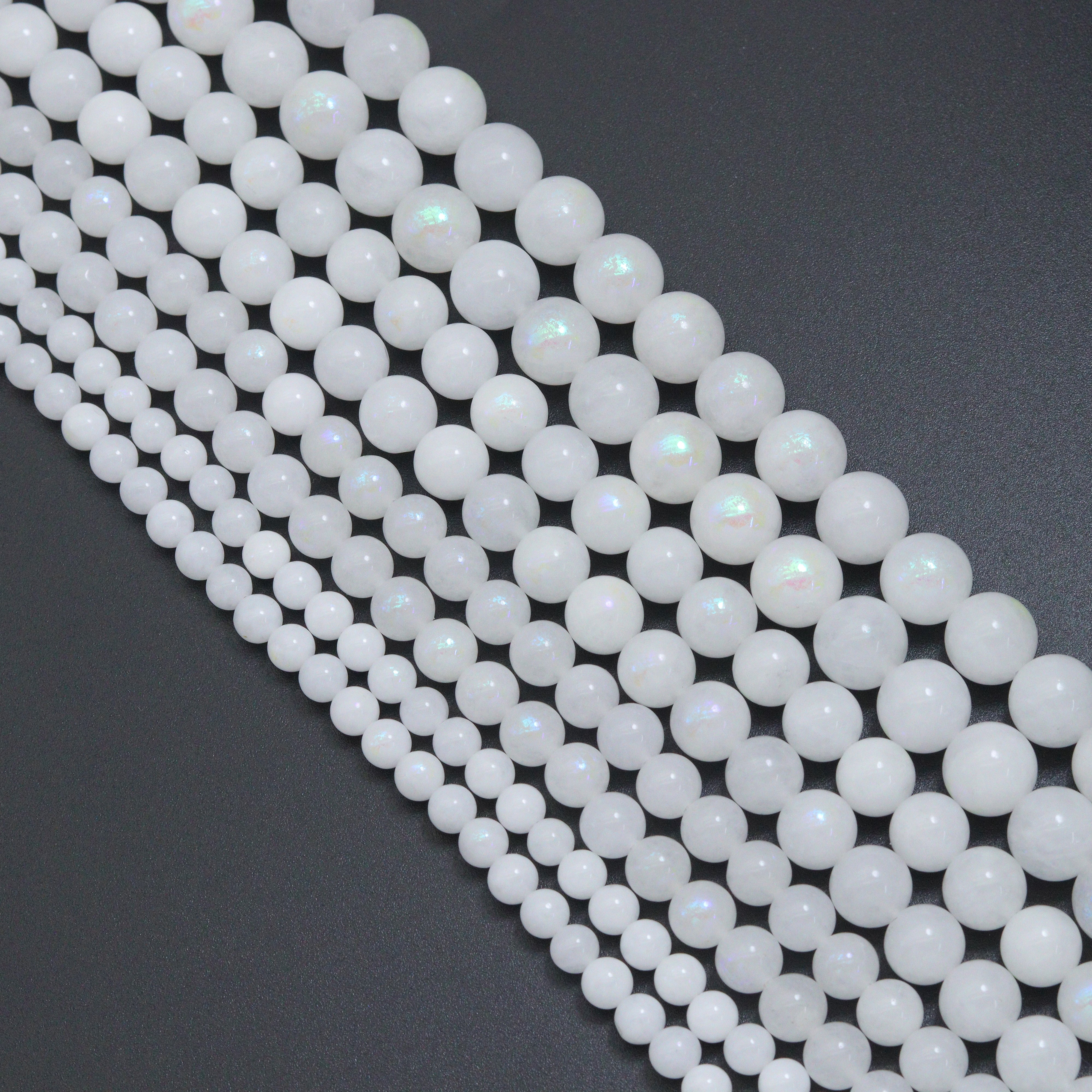 Mystic White Jade Beads, White Iridescent Round Jade Beads, 16inch full strand, sku#U2392