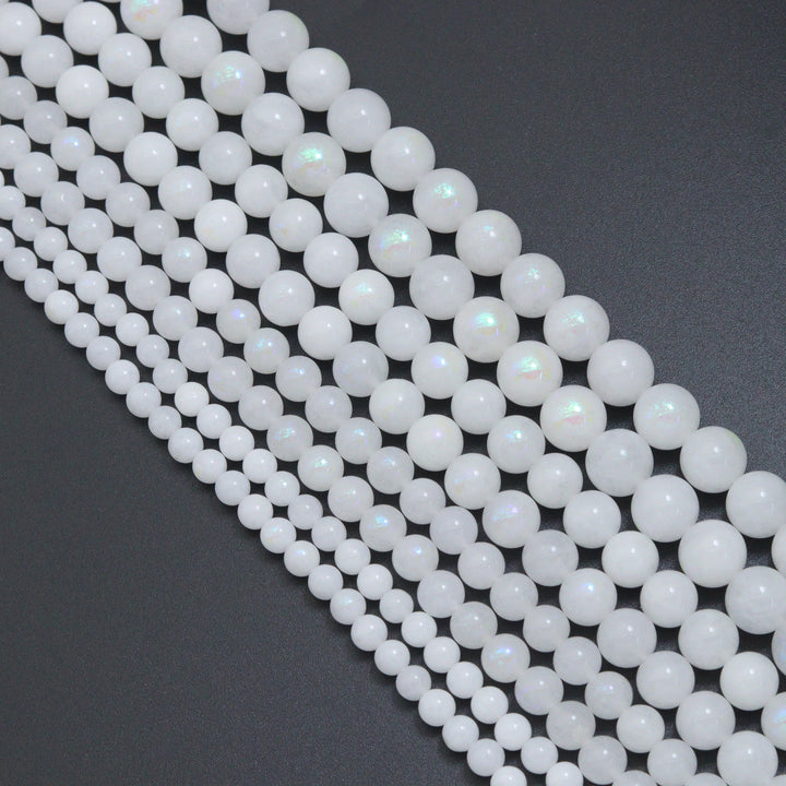 Mystic White Jade Beads, White Iridescent Round Jade Beads, 16inch full strand, sku#U2392
