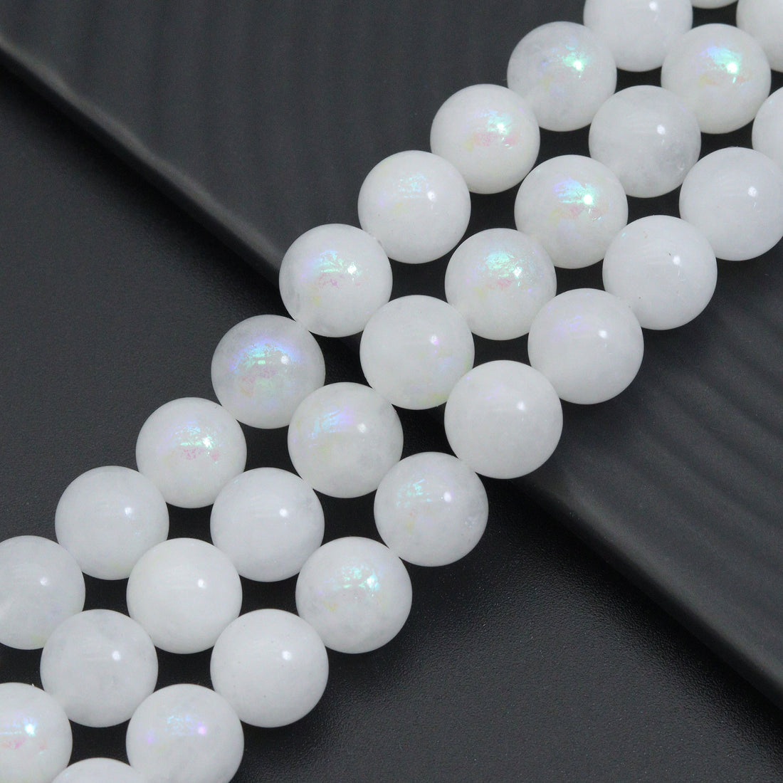 Mystic White Jade Beads, White Iridescent Round Jade Beads, 16inch full strand, sku#U2392