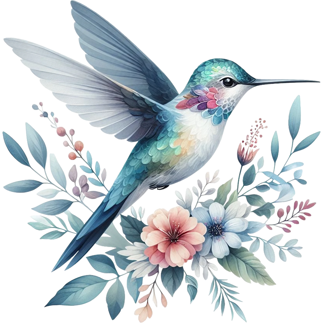 Watercolor Hummingbird Floral Fabric Panel 15