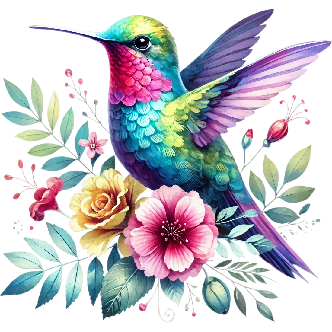 Watercolor Hummingbird Floral Fabric Panel 32