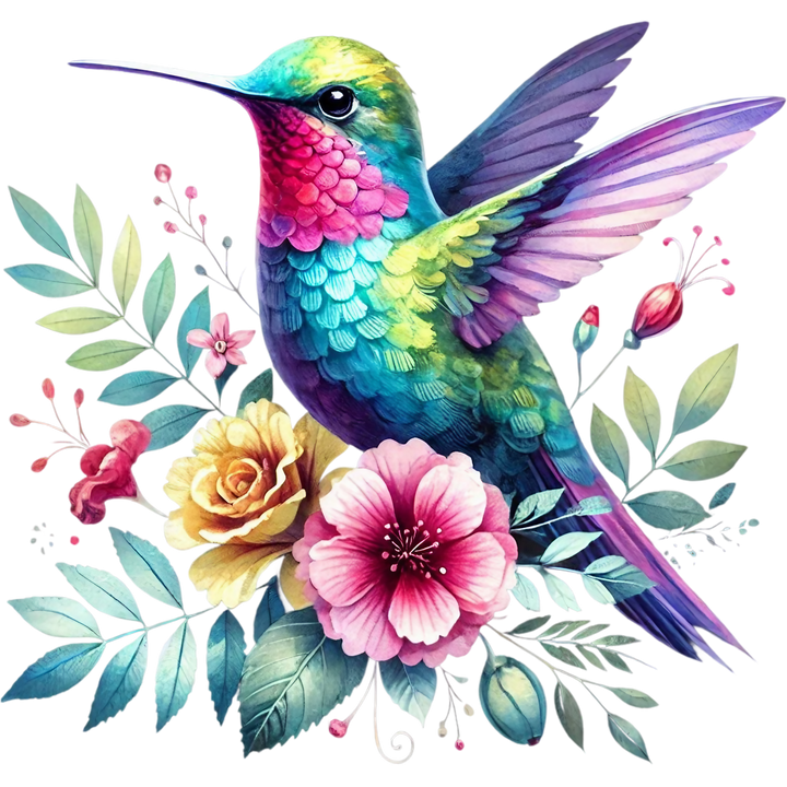 Watercolor Hummingbird Floral Fabric Panel 32