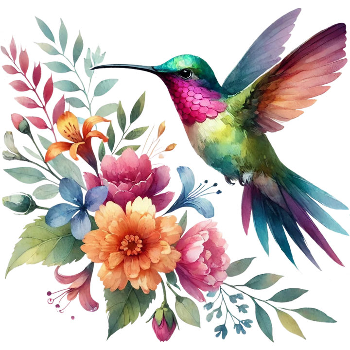 Watercolor Hummingbird Floral Fabric Panel 42