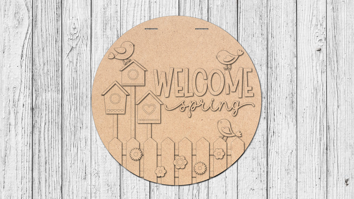 Welcome Spring Birdhouses Door Hanger - DIY Unfinished Kit - Lvl 2