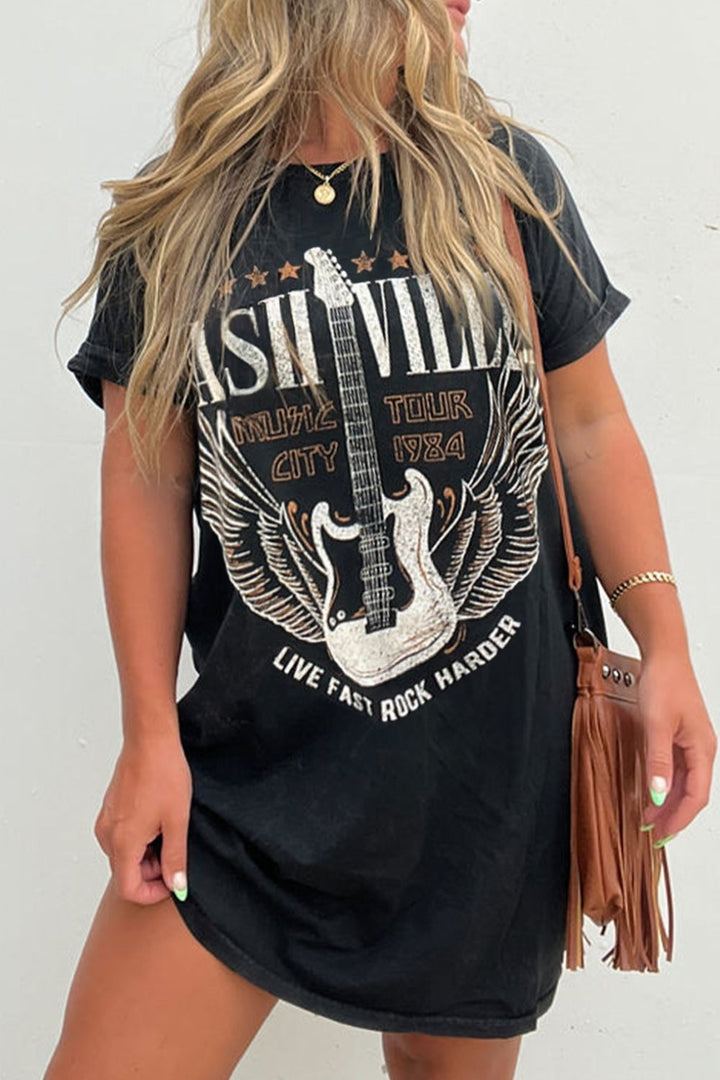 Black Graphic Round Neck Short Sleeve Tee Dress Trendy Casual T-Shirt Dress for Women